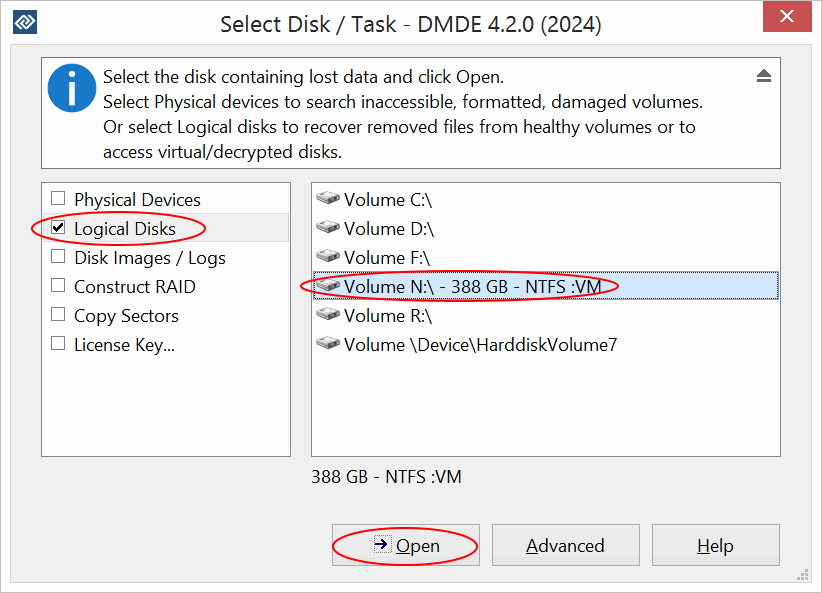 DMDE: Select Disk / Task