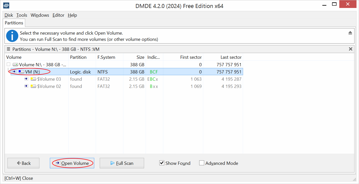 DMDE: Select the Volume and Open