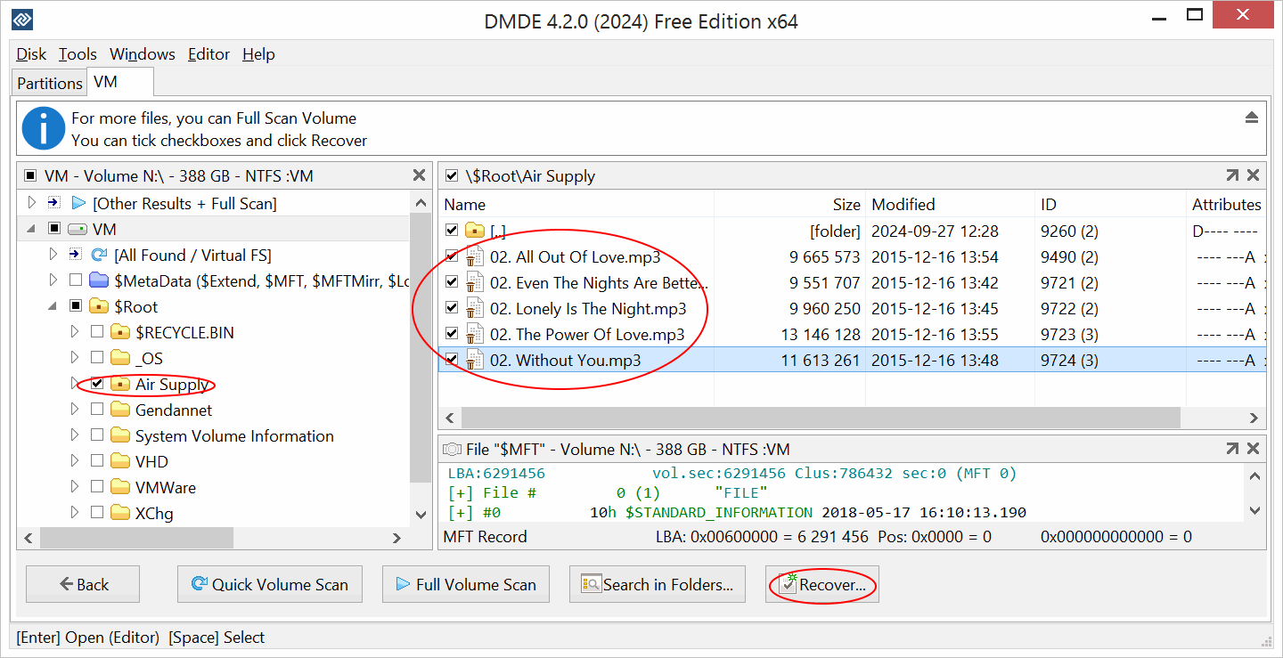 DMDE: Check the Files, Click Recover