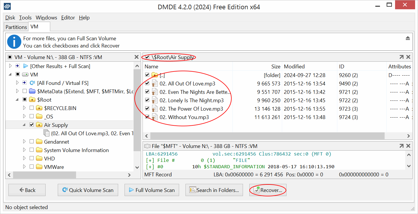 DMDE: Check Files and Click Recover